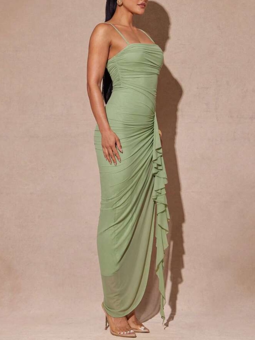 Mint Green Ruched Sheath Dress with Side Ruffle - Picture 6 of 7